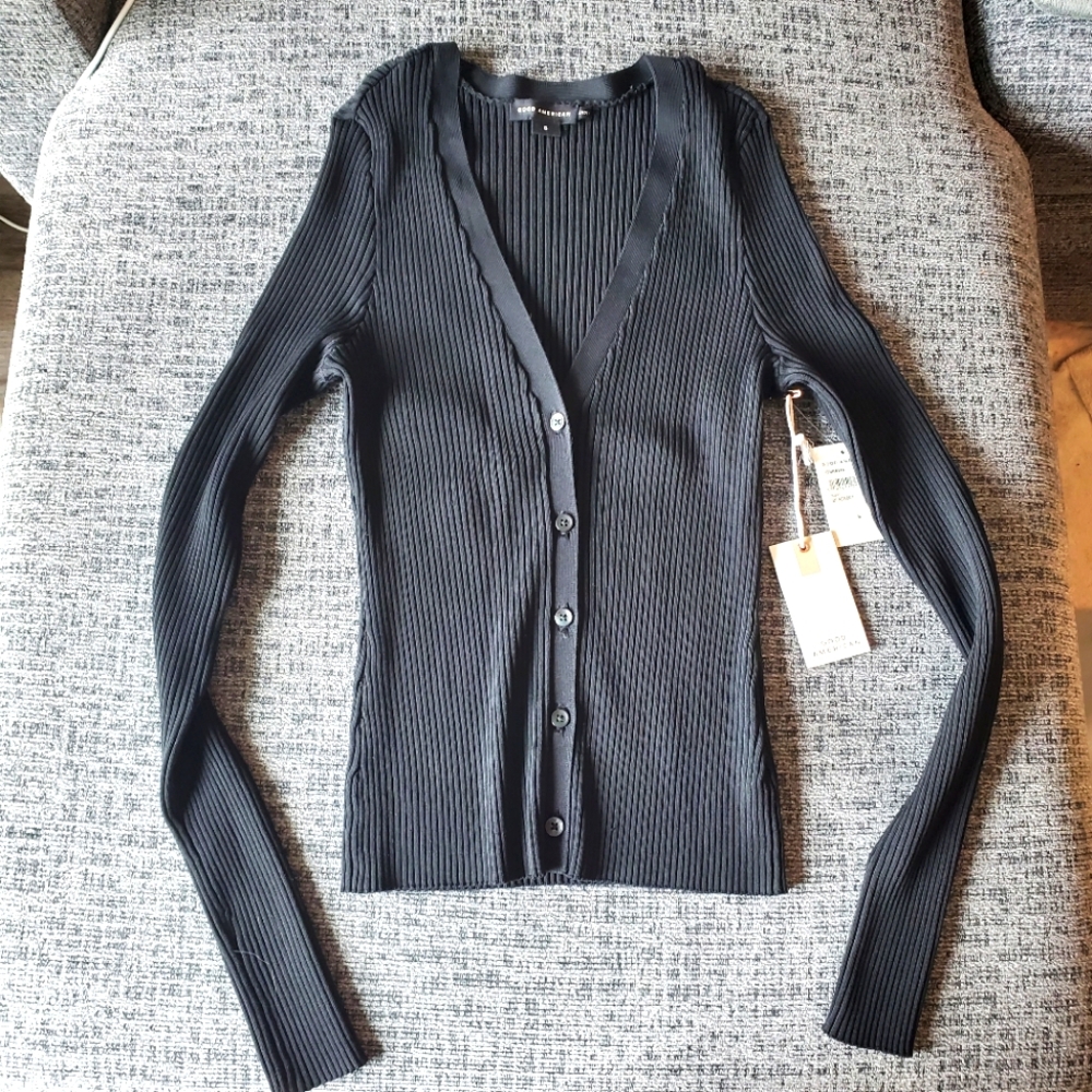 Good American Ribbed Cardigan V-Neck Shine